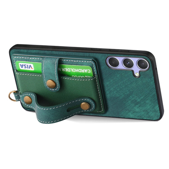 For Samsung Galaxy S25 5G Retro Cross Wristband Wallet Leather Back Phone Case(Green)