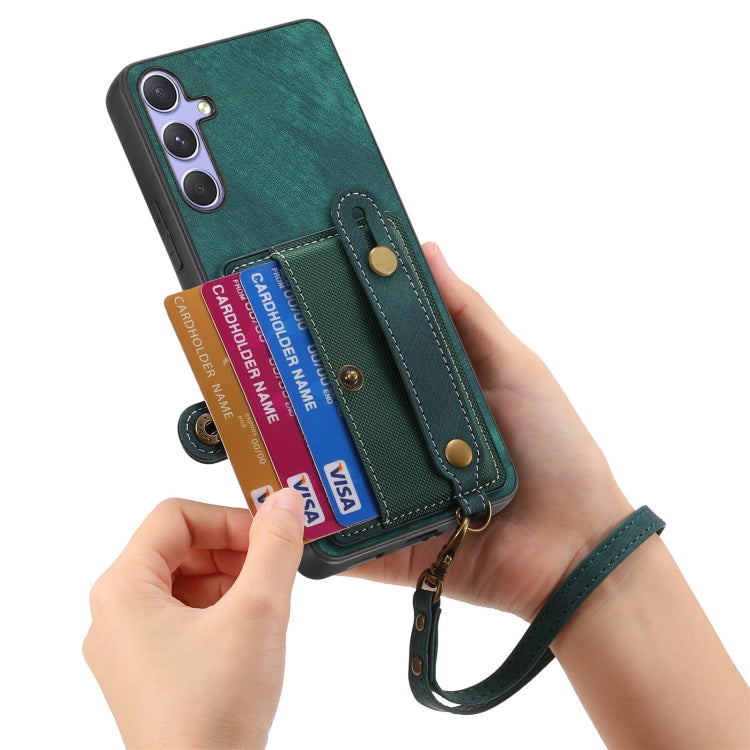For Samsung Galaxy S25 5G Retro Cross Wristband Wallet Leather Back Phone Case(Green)