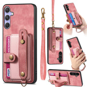 For Samsung Galaxy S25 5G Retro Cross Wristband Wallet Leather Back Phone Case(Pink)