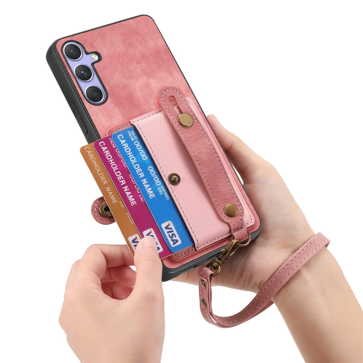 For Samsung Galaxy S25 5G Retro Cross Wristband Wallet Leather Back Phone Case(Pink)