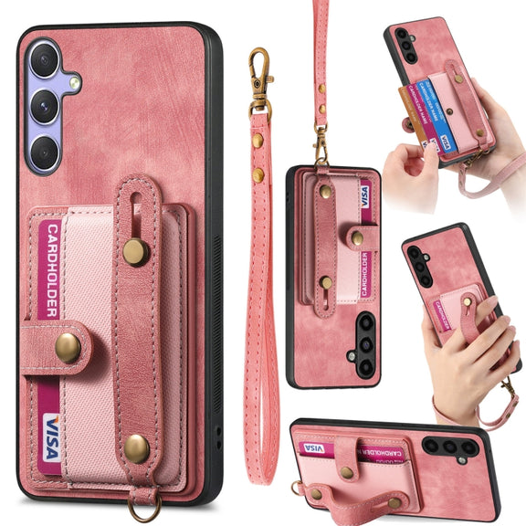 For Samsung Galaxy S25 5G Retro Cross Wristband Wallet Leather Back Phone Case(Pink)