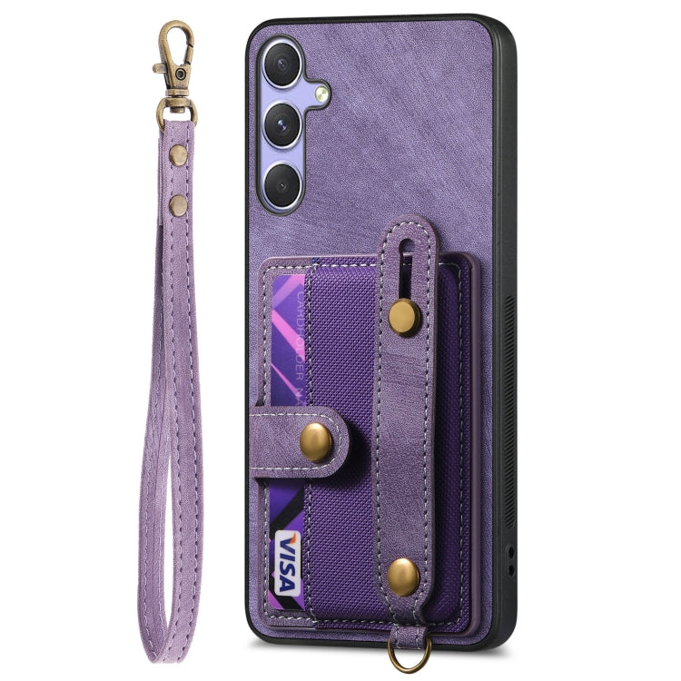 For Samsung Galaxy S25 5G Retro Cross Wristband Wallet Leather Back Phone Case(Purple)