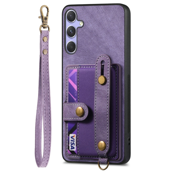 For Samsung Galaxy S25 5G Retro Cross Wristband Wallet Leather Back Phone Case(Purple)