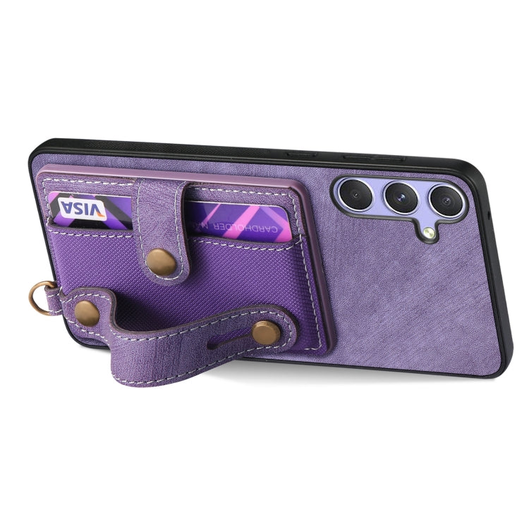 For Samsung Galaxy S25 5G Retro Cross Wristband Wallet Leather Back Phone Case(Purple)