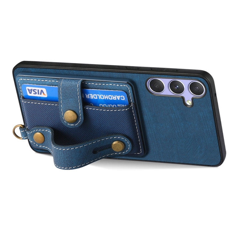 For Samsung Galaxy S25 5G Retro Cross Wristband Wallet Leather Back Phone Case(Blue)