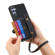 For Samsung Galaxy S25 5G Retro Cross Wristband Wallet Leather Back Phone Case(Black)