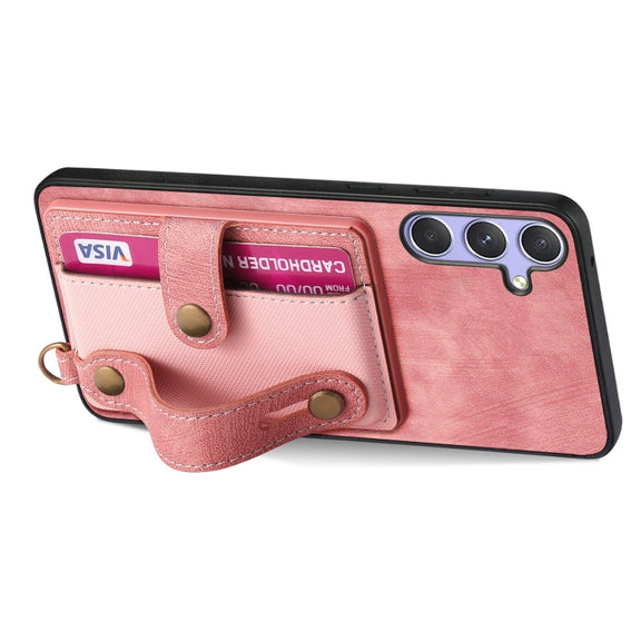 For Samsung Galaxy S25+ 5G Retro Cross Wristband Wallet Leather Back Phone Case(Pink)