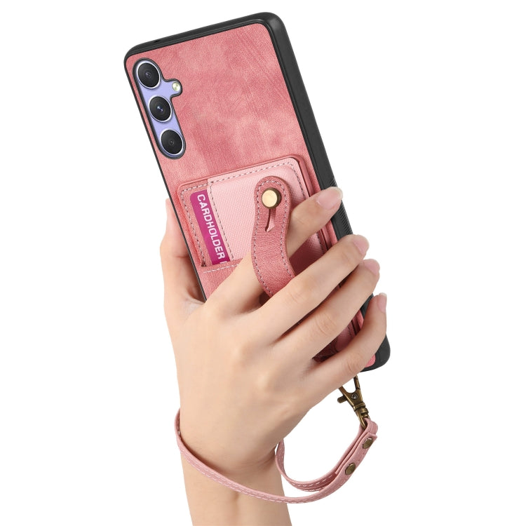 For Samsung Galaxy S25+ 5G Retro Cross Wristband Wallet Leather Back Phone Case(Pink)