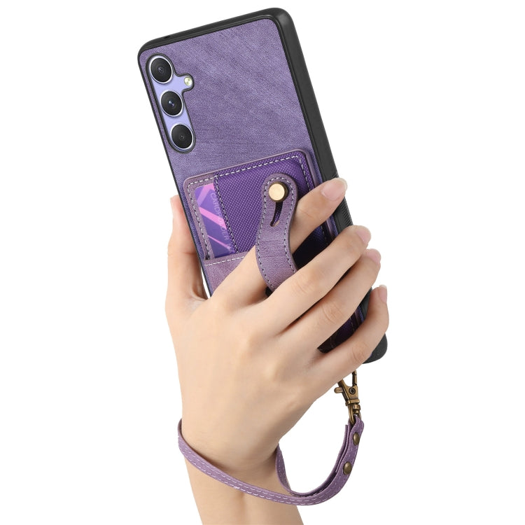 For Samsung Galaxy S25+ 5G Retro Cross Wristband Wallet Leather Back Phone Case(Purple)