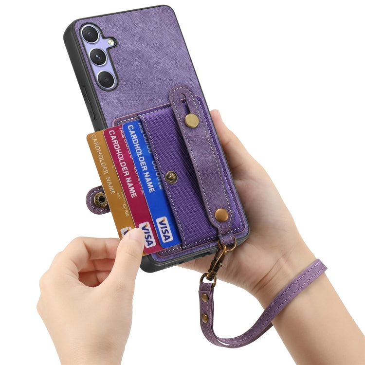 For Samsung Galaxy S25+ 5G Retro Cross Wristband Wallet Leather Back Phone Case(Purple)