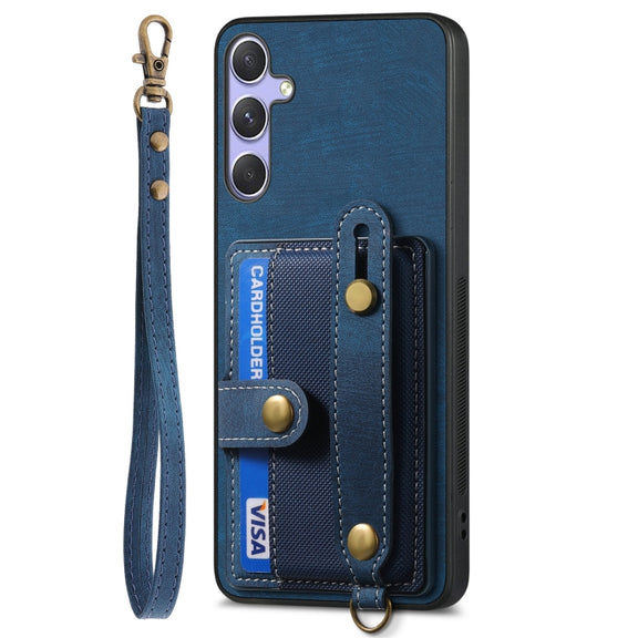 For Samsung Galaxy S25+ 5G Retro Cross Wristband Wallet Leather Back Phone Case(Blue)