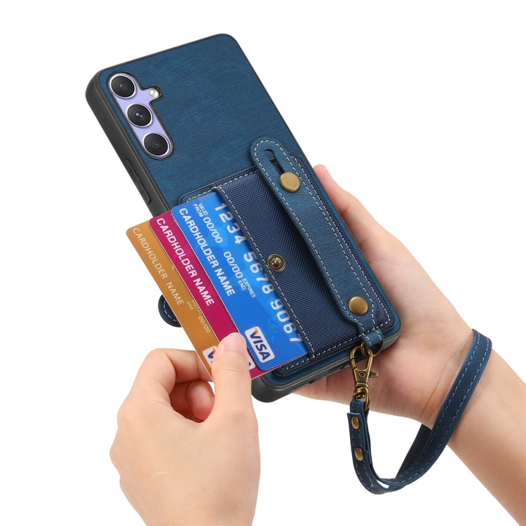For Samsung Galaxy S25+ 5G Retro Cross Wristband Wallet Leather Back Phone Case(Blue)