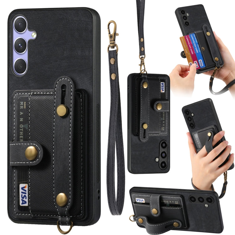 For Samsung Galaxy S25+ 5G Retro Cross Wristband Wallet Leather Back Phone Case(Black)