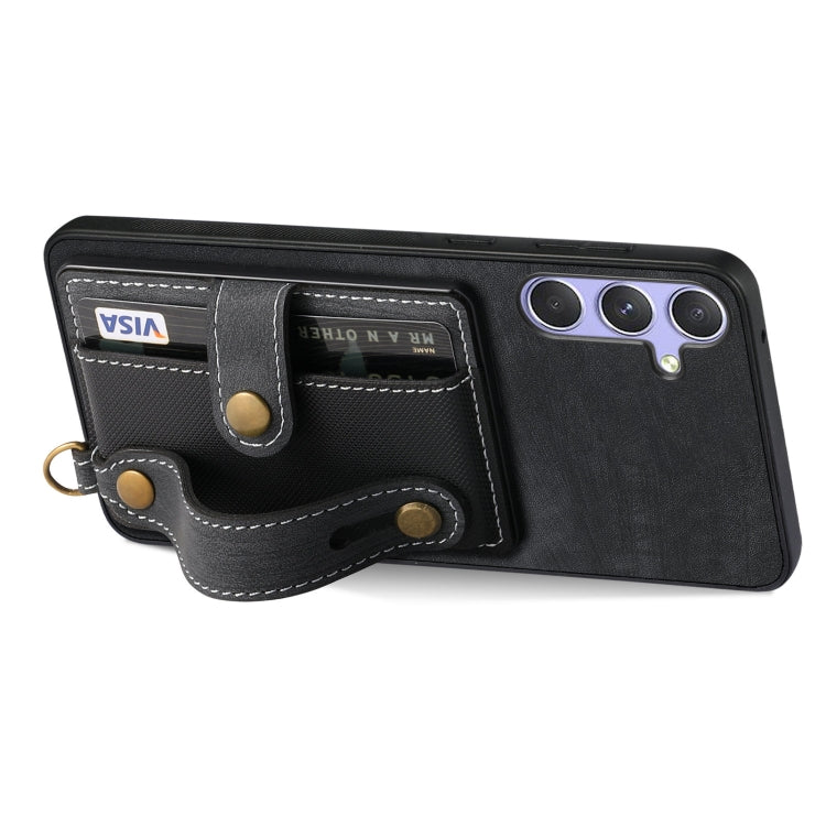 For Samsung Galaxy S25+ 5G Retro Cross Wristband Wallet Leather Back Phone Case(Black)