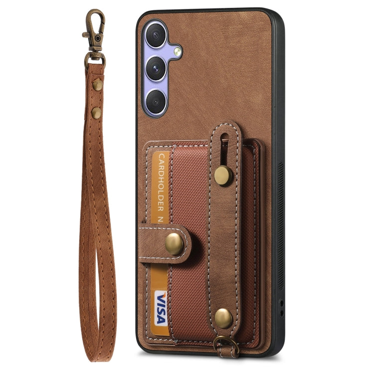 For Samsung Galaxy S25 Ultra 5G Retro Cross Wristband Wallet Leather Back Phone Case(Brown)