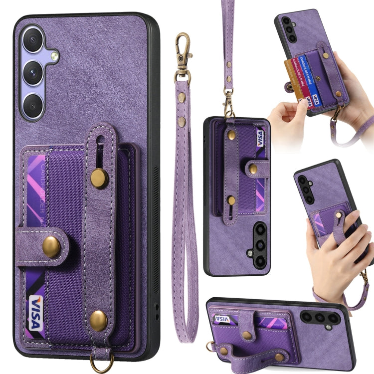 For Samsung Galaxy S25 Ultra 5G Retro Cross Wristband Wallet Leather Back Phone Case(Purple)