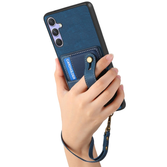 For Samsung Galaxy S25 Ultra 5G Retro Cross Wristband Wallet Leather Back Phone Case(Blue)