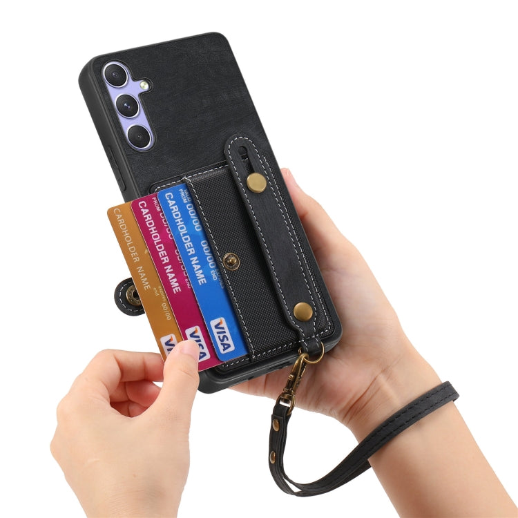 For Samsung Galaxy S25 Ultra 5G Retro Cross Wristband Wallet Leather Back Phone Case(Black)