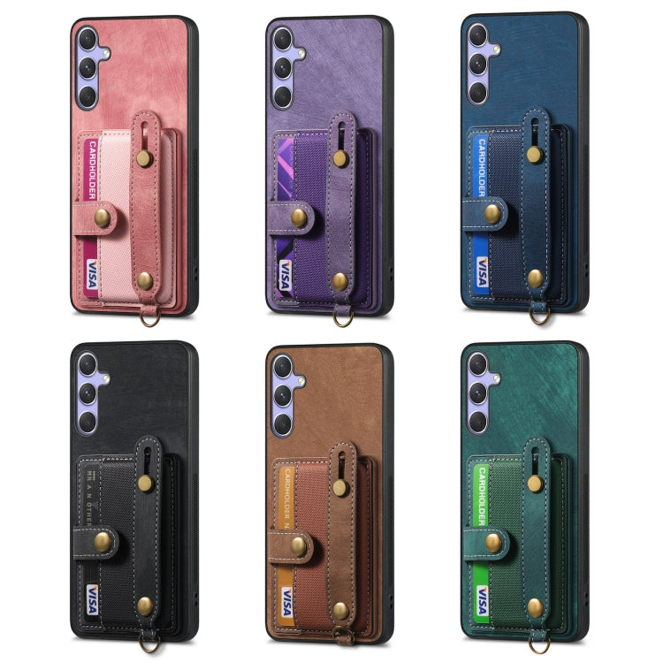 For Samsung Galaxy S25 5G Retro Cross Wristband Wallet Leather Back Phone Case(Green)