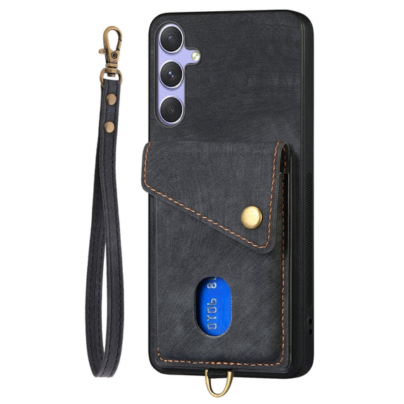 For Samsung Galaxy S25 5G Retro Card Wallet Fold Leather Phone Case with Strap(Black)