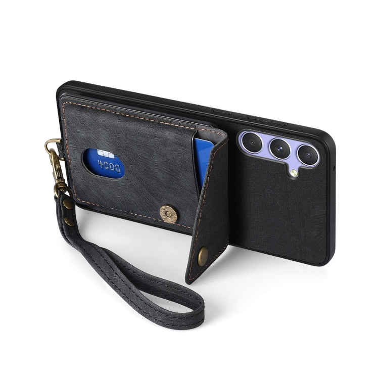 For Samsung Galaxy S25 5G Retro Card Wallet Fold Leather Phone Case with Strap(Black)
