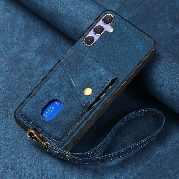 For Samsung Galaxy S25 5G Retro Card Wallet Fold Leather Phone Case with Strap(Blue)