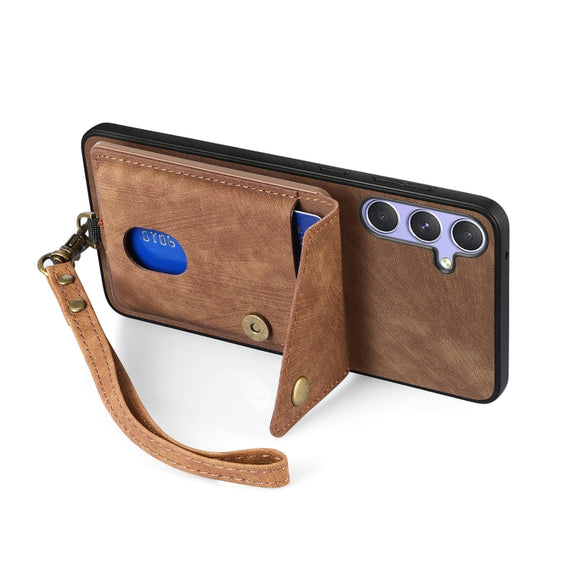 For Samsung Galaxy S25 5G Retro Card Wallet Fold Leather Phone Case with Strap(Brown)
