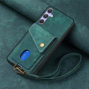 For Samsung Galaxy S25 5G Retro Card Wallet Fold Leather Phone Case with Strap(Green)