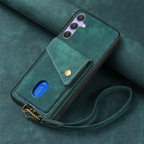 For Samsung Galaxy S25 5G Retro Card Wallet Fold Leather Phone Case with Strap(Green)