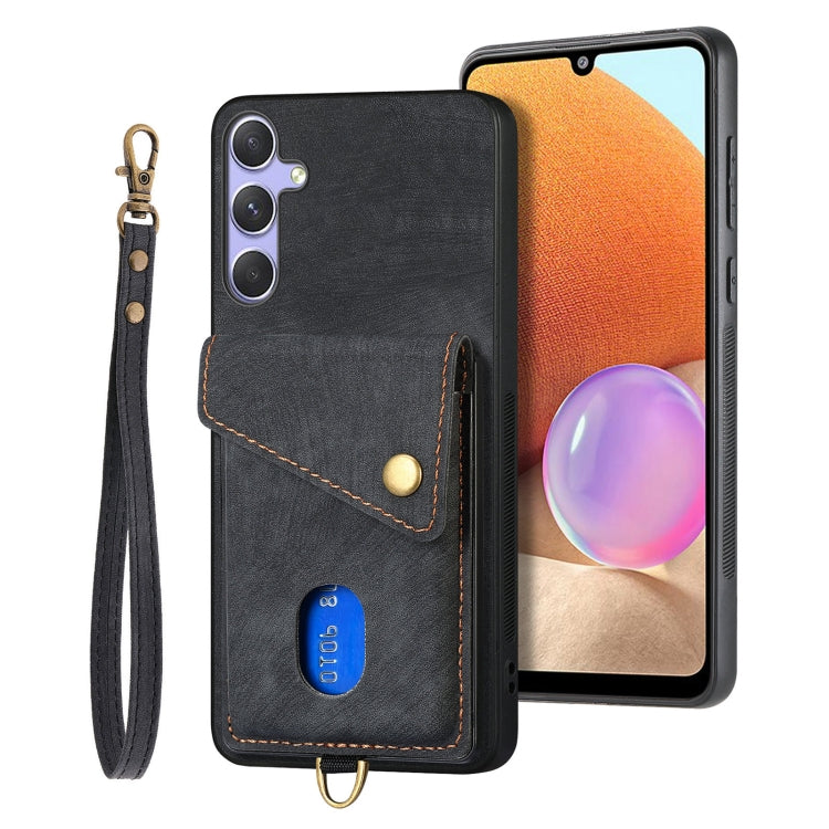 For Samsung Galaxy S25+ 5G Retro Card Wallet Fold Leather Phone Case with Strap(Black)