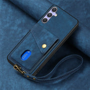 For Samsung Galaxy S25+ 5G Retro Card Wallet Fold Leather Phone Case with Strap(Blue)
