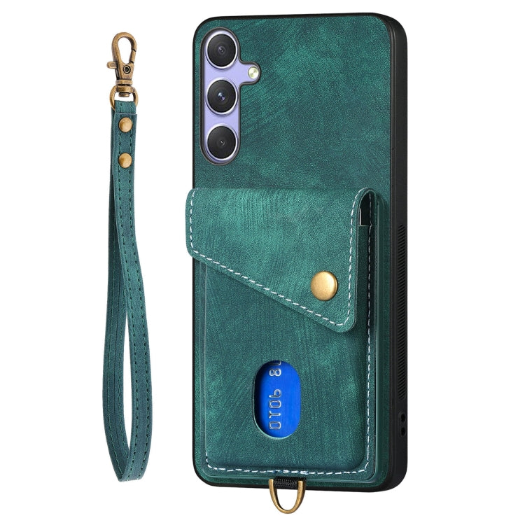 For Samsung Galaxy S25+ 5G Retro Card Wallet Fold Leather Phone Case with Strap(Green)