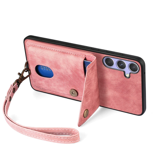 For Samsung Galaxy S25+ 5G Retro Card Wallet Fold Leather Phone Case with Strap(Pink)