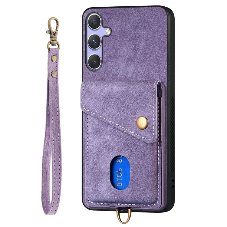 For Samsung Galaxy S25+ 5G Retro Card Wallet Fold Leather Phone Case with Strap(Purple)