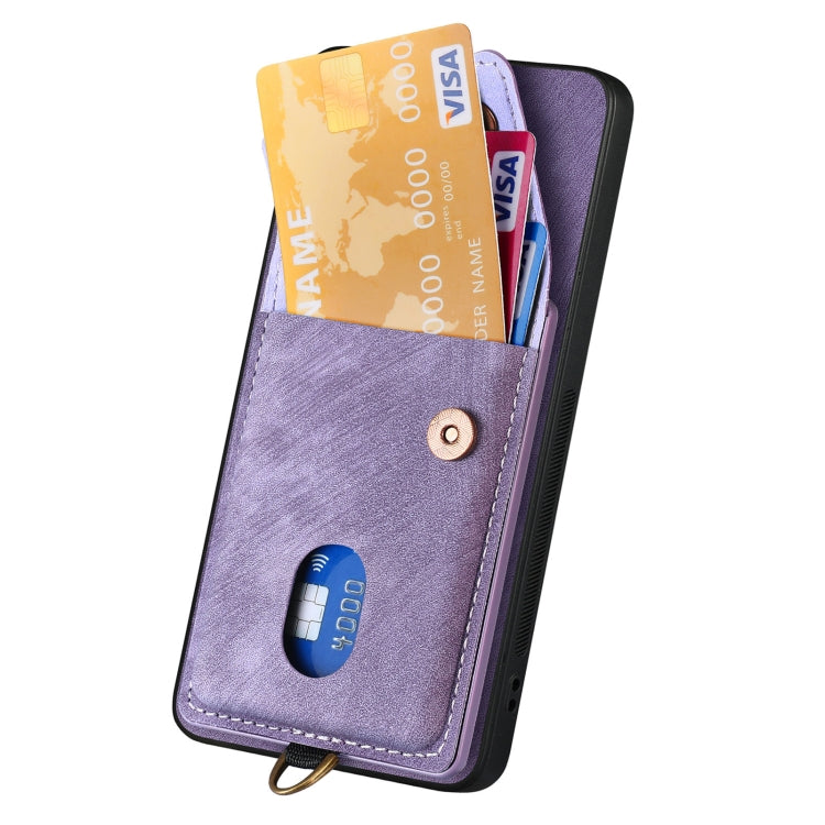 For Samsung Galaxy S25+ 5G Retro Card Wallet Fold Leather Phone Case with Strap(Purple)