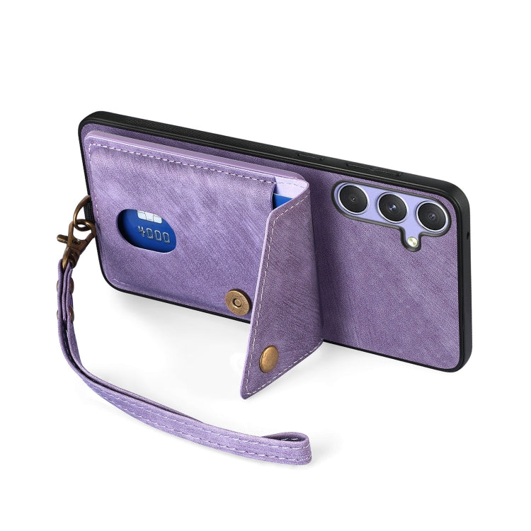 For Samsung Galaxy S25+ 5G Retro Card Wallet Fold Leather Phone Case with Strap(Purple)
