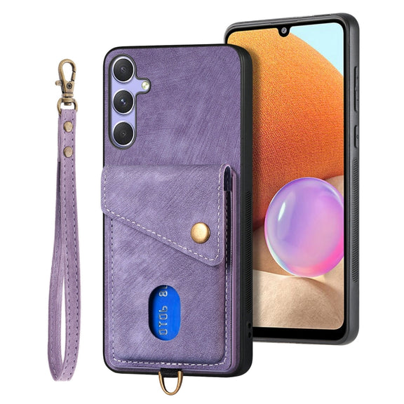 For Samsung Galaxy S25+ 5G Retro Card Wallet Fold Leather Phone Case with Strap(Purple)