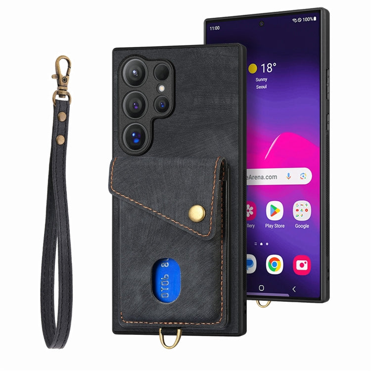 For Samsung Galaxy S25 Ultra 5G Retro Card Wallet Fold Leather Phone Case with Strap(Black)