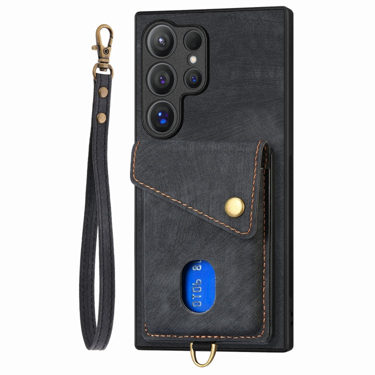 For Samsung Galaxy S25 Ultra 5G Retro Card Wallet Fold Leather Phone Case with Strap(Black)