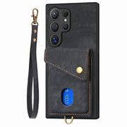 For Samsung Galaxy S25 Ultra 5G Retro Card Wallet Fold Leather Phone Case with Strap(Black)