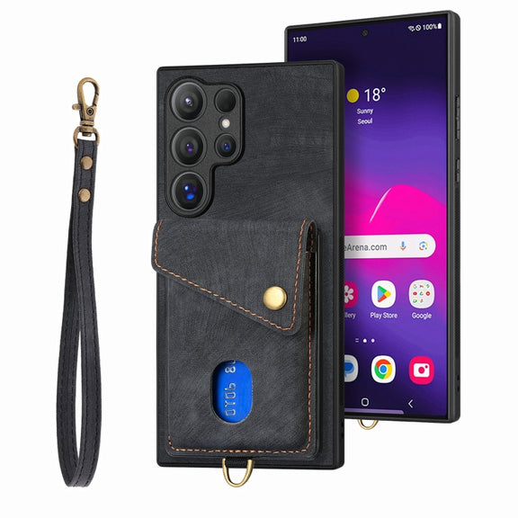 For Samsung Galaxy S25 Ultra 5G Retro Card Wallet Fold Leather Phone Case with Strap(Black)