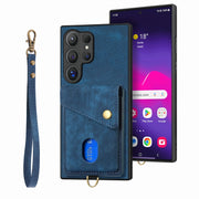 For Samsung Galaxy S25 Ultra 5G Retro Card Wallet Fold Leather Phone Case with Strap(Blue)