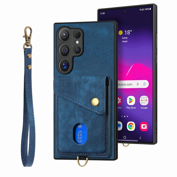 For Samsung Galaxy S25 Ultra 5G Retro Card Wallet Fold Leather Phone Case with Strap(Blue)