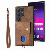For Samsung Galaxy S25 Ultra 5G Retro Card Wallet Fold Leather Phone Case with Strap(Brown)