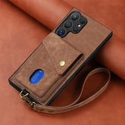 For Samsung Galaxy S25 Ultra 5G Retro Card Wallet Fold Leather Phone Case with Strap(Brown)