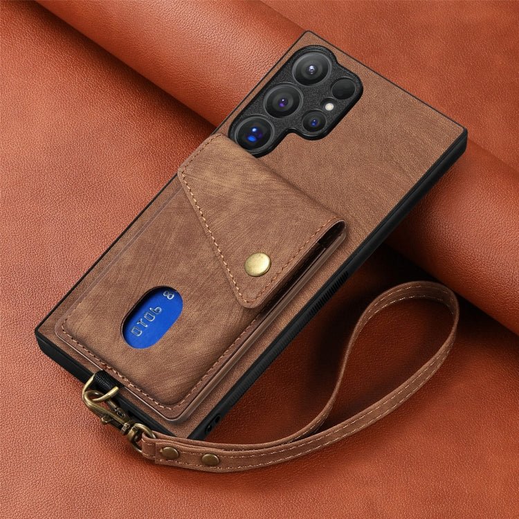 For Samsung Galaxy S25 Ultra 5G Retro Card Wallet Fold Leather Phone Case with Strap(Brown)