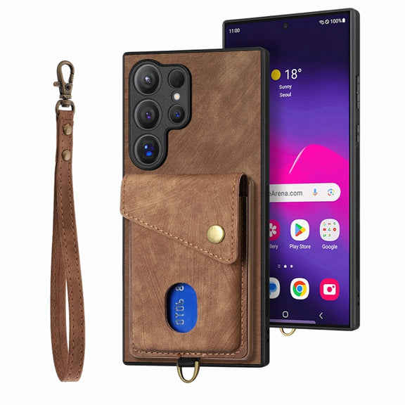 For Samsung Galaxy S25 Ultra 5G Retro Card Wallet Fold Leather Phone Case with Strap(Brown)
