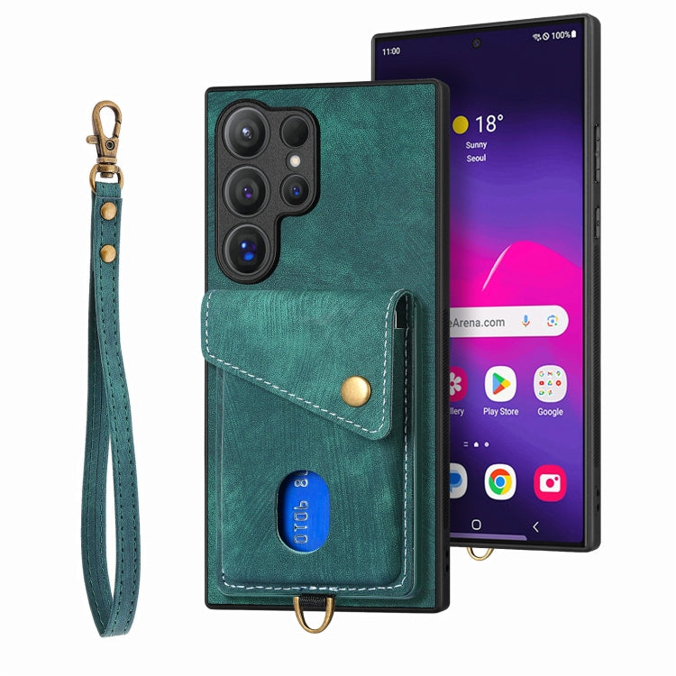For Samsung Galaxy S25 Ultra 5G Retro Card Wallet Fold Leather Phone Case with Strap(Green)
