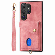 For Samsung Galaxy S25 Ultra 5G Retro Card Wallet Fold Leather Phone Case with Strap(Pink)