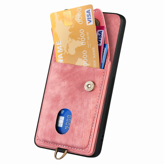 For Samsung Galaxy S25 Ultra 5G Retro Card Wallet Fold Leather Phone Case with Strap(Pink)